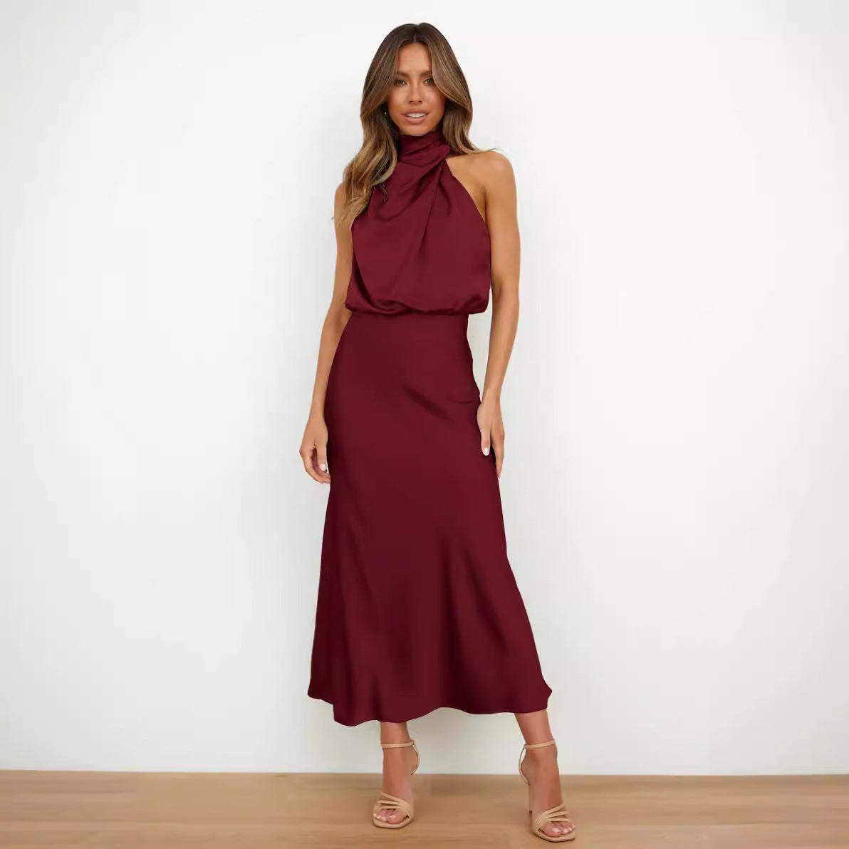 Sabrina - Vestido midi de satén con diseño asimétrico de un solo hombro