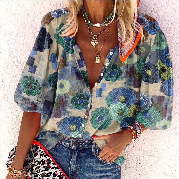 Alma - Blusa bohemia estampada de manga corta