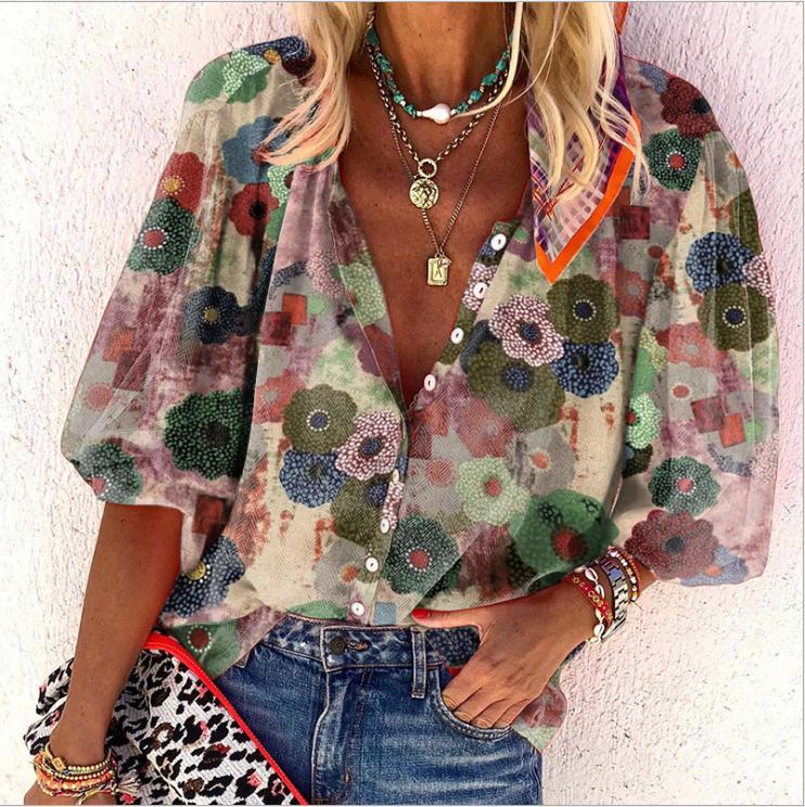 Alma - Blusa bohemia estampada de manga corta