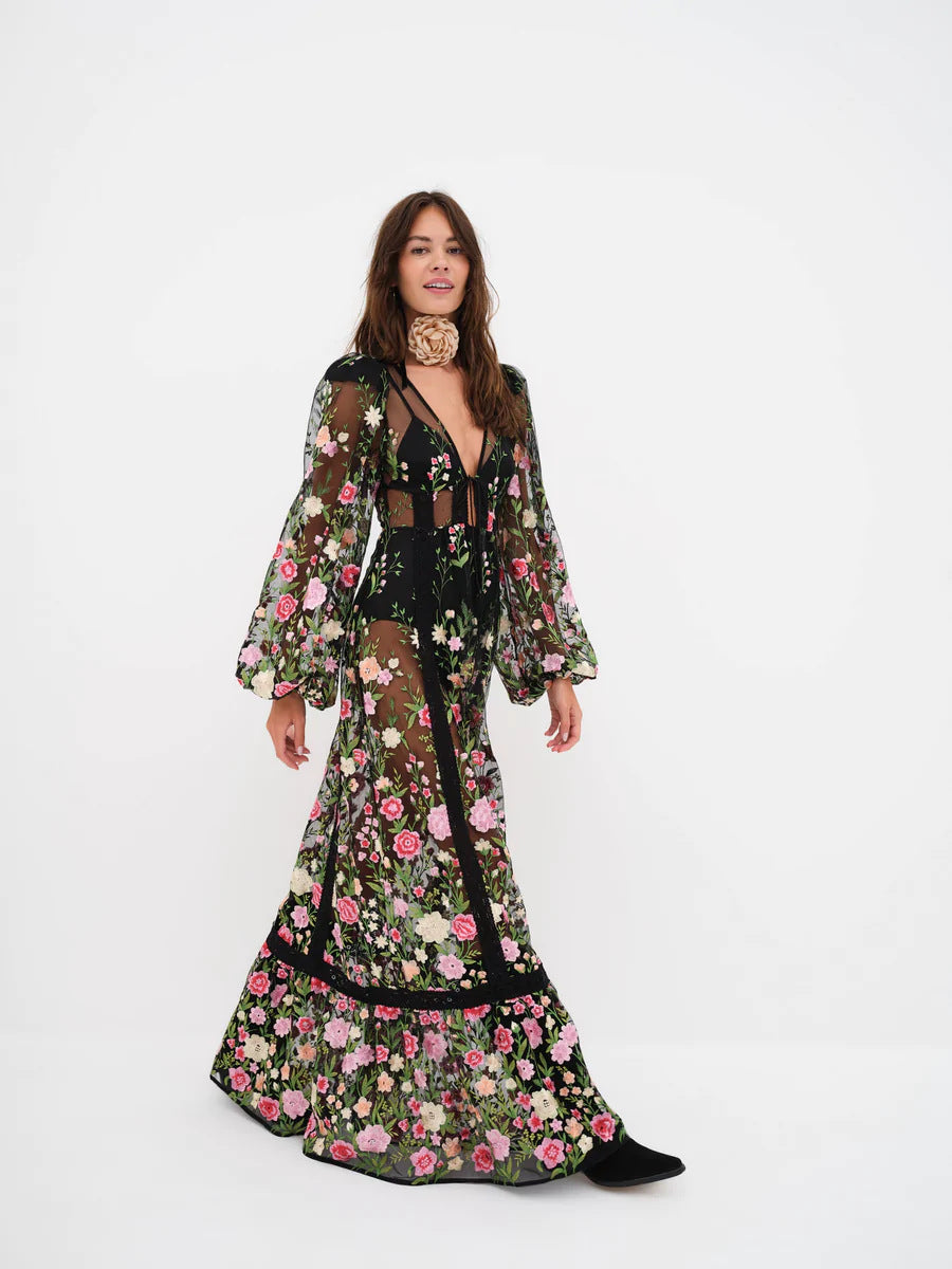 Sabrina - Maxikleid mit Blumenmuster, transparenten Spitzen und Boho-Stil