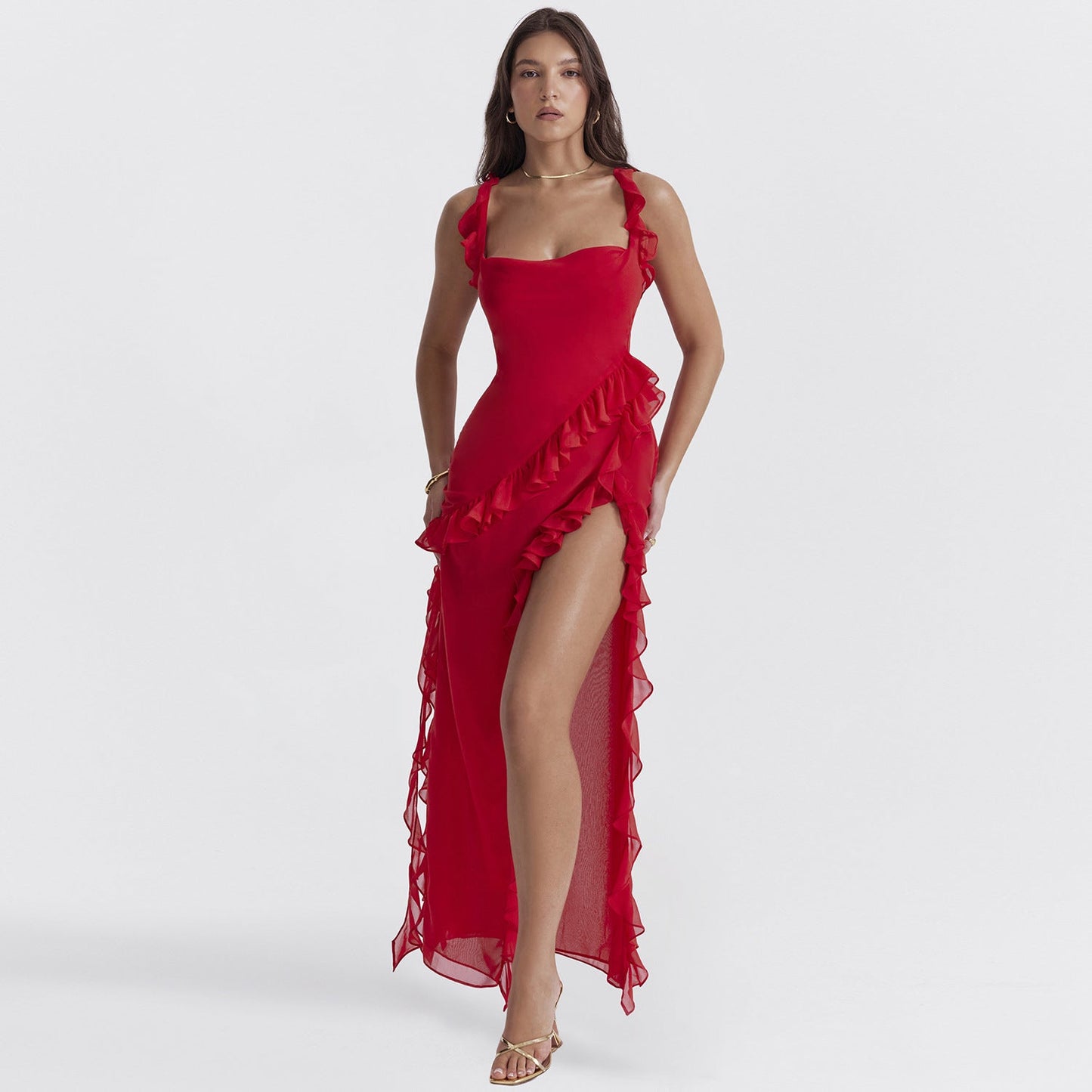 Sabrina - Elegantes langes ärmelloses Kleid mit Rüschen und unvergleichlichem Tragekomfort