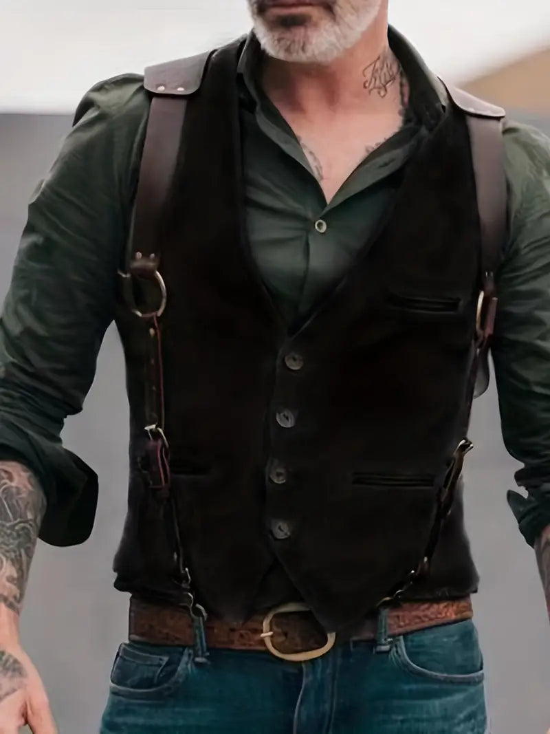 Lorenzo | Gilet in Tweed con Bretelle in Pelle Stile Vintage