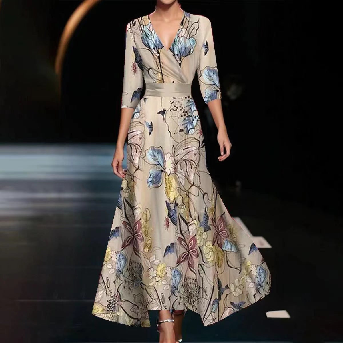Vivian - Vestido maxi estampado con cuello en V
