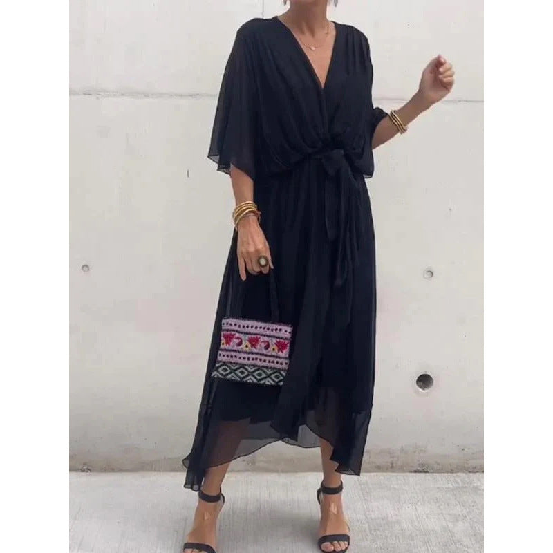 Sabrina - Fließendes V-Ausschnitt-Kleid mit verstellbarem Gürtel