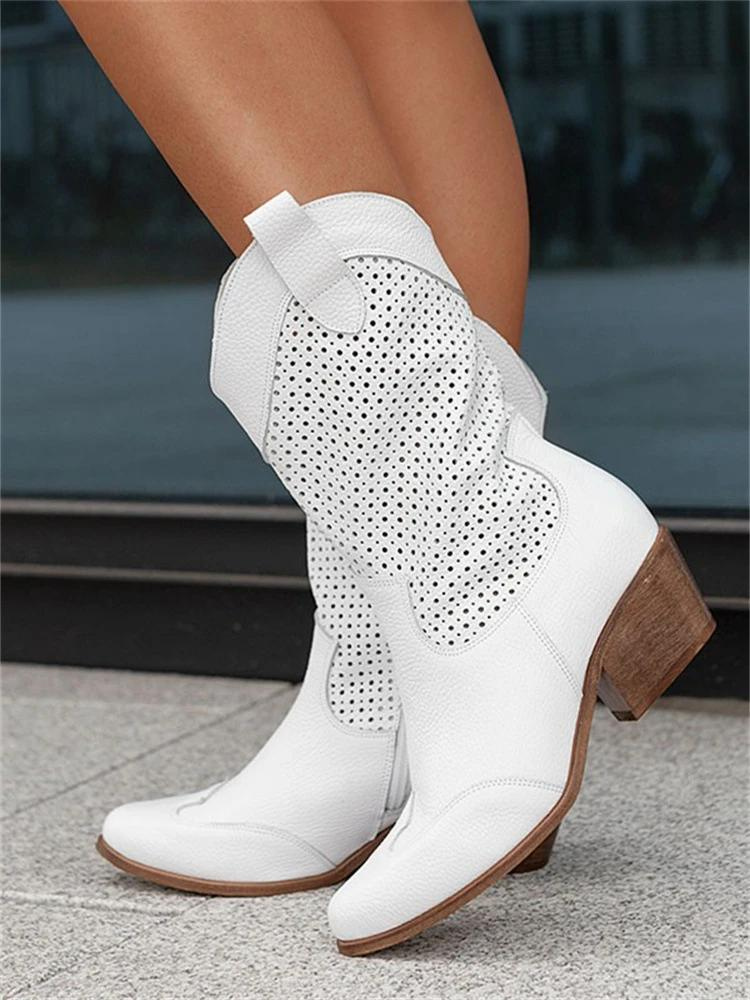 Alba - Bottes de cowboy blanches perforées pour un style frais et moderne