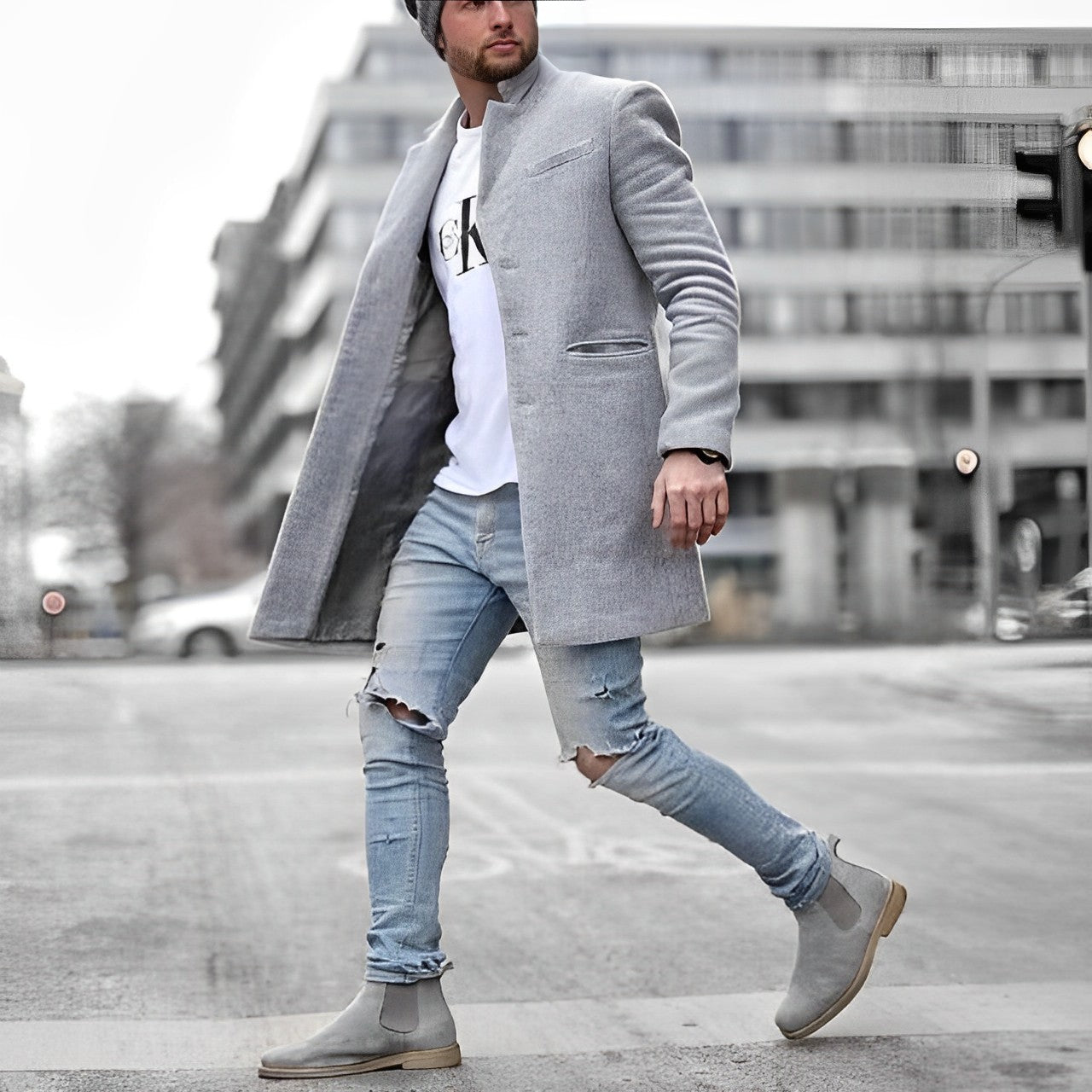 Leon | Moderner Herren-Mantel in Wolloptik mit Stehkragen