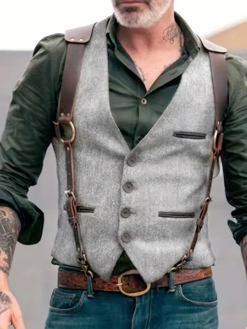 Lorenzo | Gilet in Tweed con Bretelle in Pelle Stile Vintage