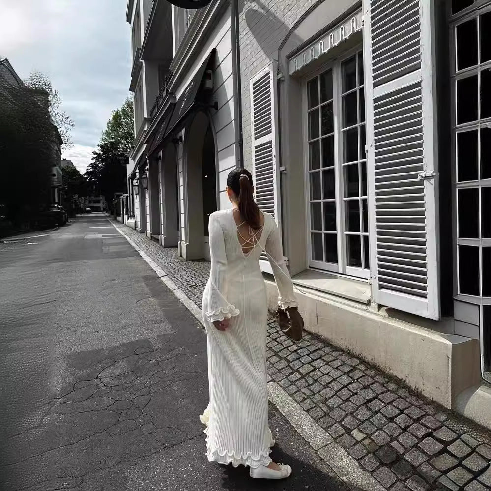 Teresa - Vestido largo acanalado con volantes