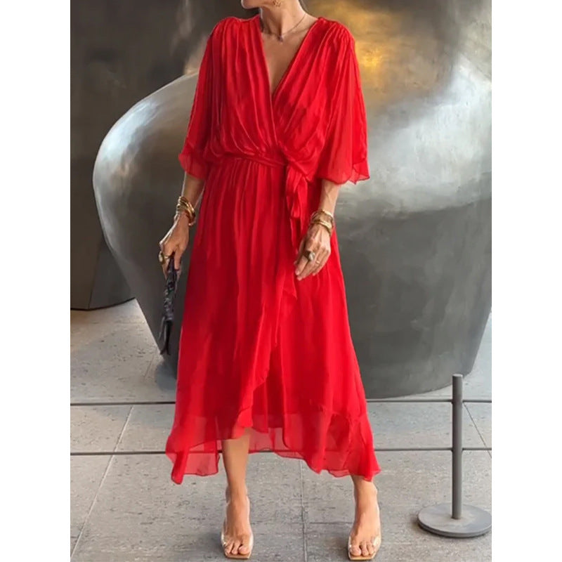 Sabrina - Fließendes V-Ausschnitt-Kleid mit verstellbarem Gürtel