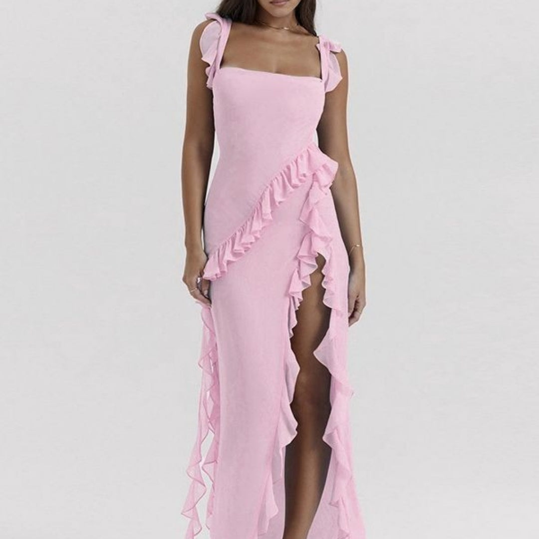 Sabrina - Elegantes langes ärmelloses Kleid mit Rüschen und unvergleichlichem Tragekomfort