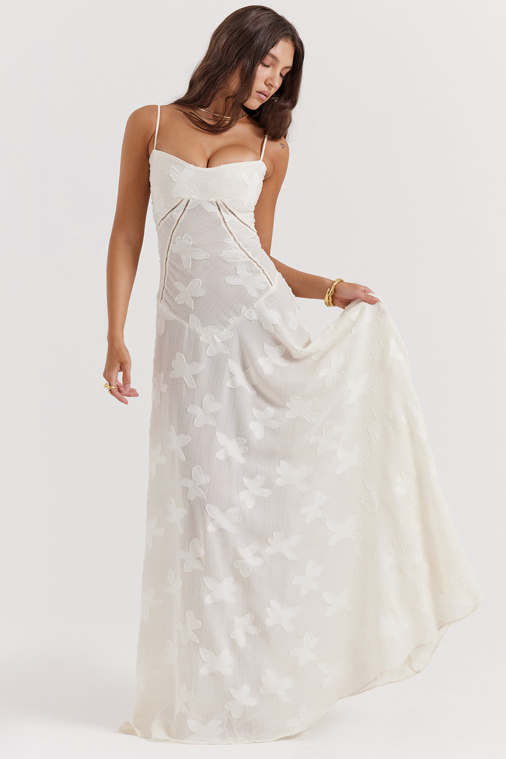 Chandrina - Vestido de fiesta de encaje floral transparente