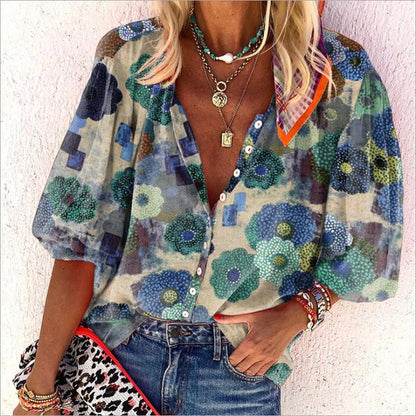Alma - Blusa bohemia estampada de manga corta