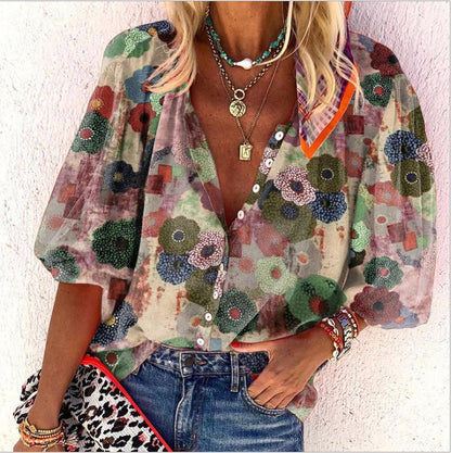 Alma - Blusa bohemia estampada de manga corta