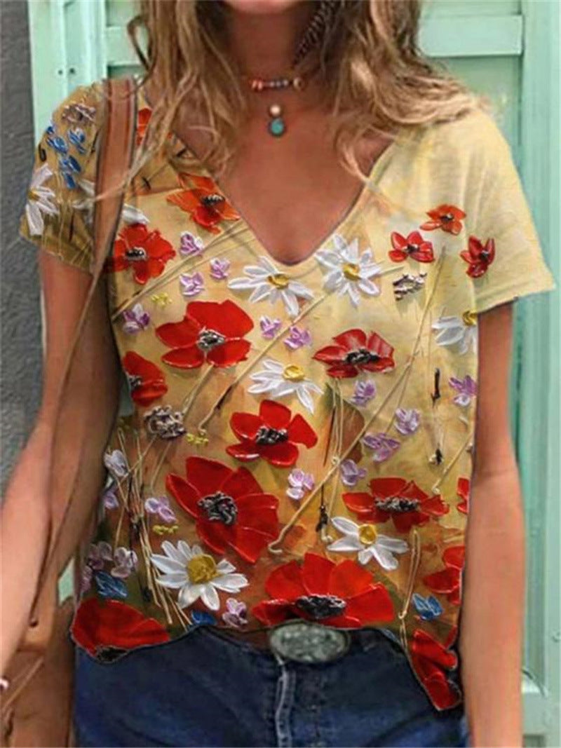 Laila - Camiseta Floral Acuarela Cuello en V