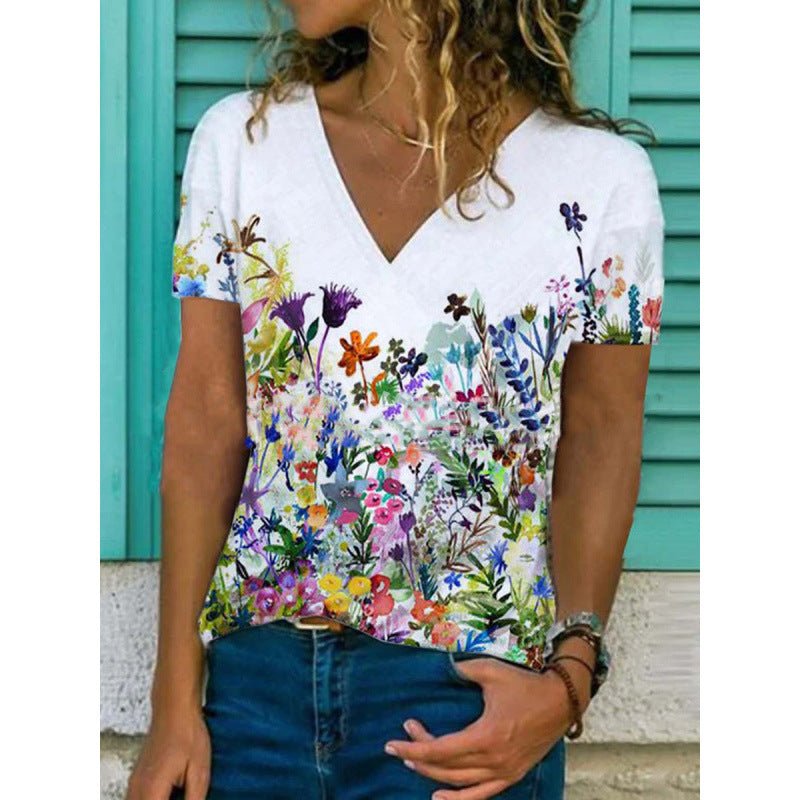 Flora - T-shirt con scollo a V e stampa floreale