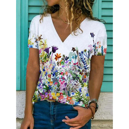 Flora - T-shirt con scollo a V e stampa floreale