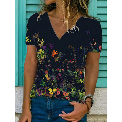 Flora - T-shirt con scollo a V e stampa floreale