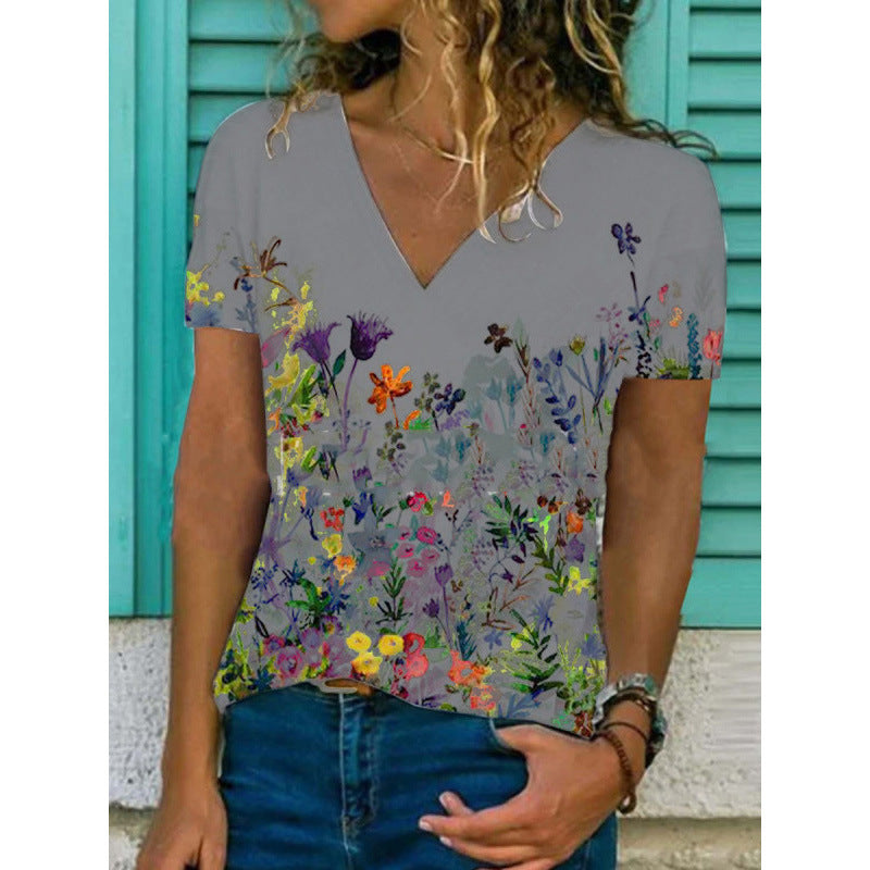 Flora - T-shirt con scollo a V e stampa floreale