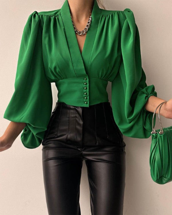 Nova - Blouse with geometric print and puff sleeves
