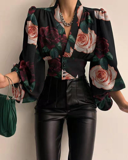 Nova - Blouse with geometric print and puff sleeves
