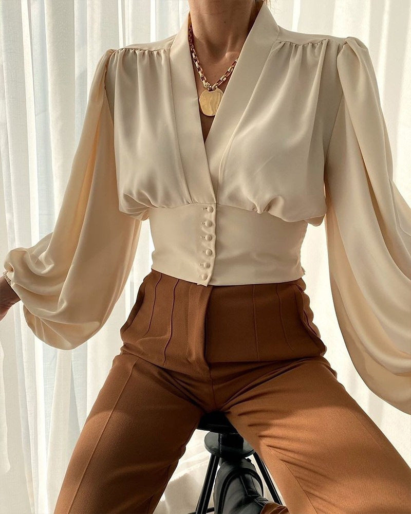 Nova - Blouse with geometric print and puff sleeves