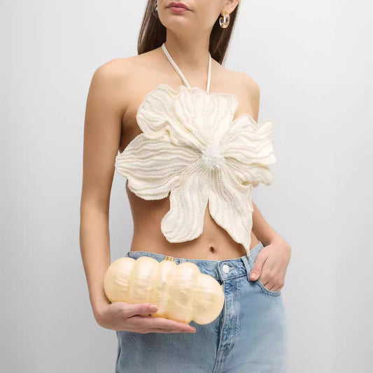 Savana - Top floral de cuello haltern con perlas