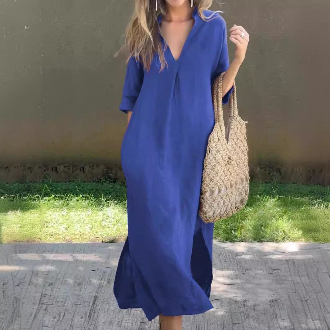 Nerea - Vestido camisero largo de lino azul