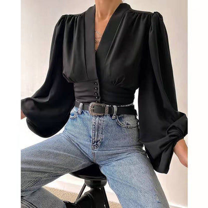 Nova - Blouse with geometric print and puff sleeves