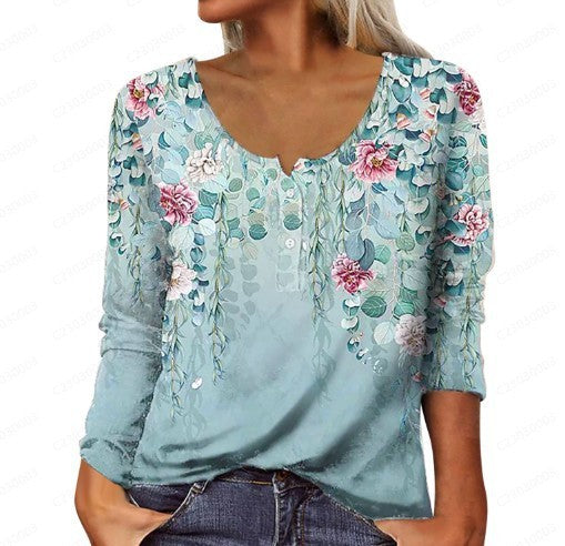 Leire | T-shirt a maniche lunghe con scollo a U, stampa floreale geometrica e bottoni