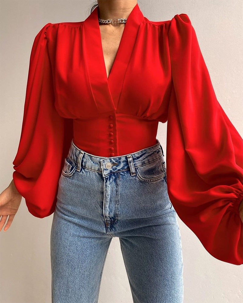 Nova - Blouse with geometric print and puff sleeves