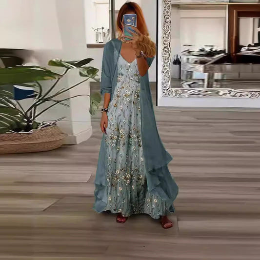 Sabrina - Abito lungo in chiffon floreale con drappeggio fluente