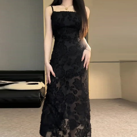 Selena - Maxi vestido de fiesta de encaje floral negro