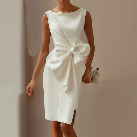 Eva - Vestido midi blanco sin mangas con detalle de lazo