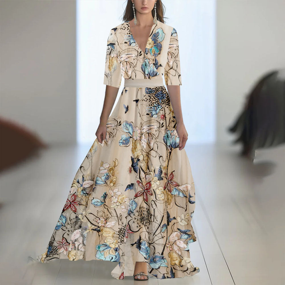 Fenina - Vestido maxi de manga larga de gasa floral