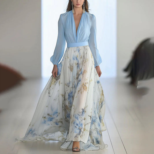 Fenina - Vestido maxi de manga larga de gasa floral