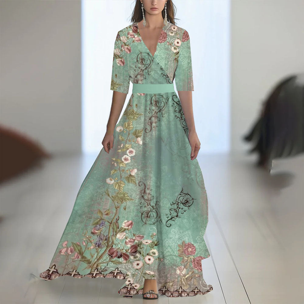 Fenina - Vestido maxi de manga larga de gasa floral