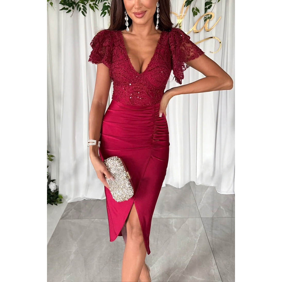 Lara - Abito midi con pizzo e ruche