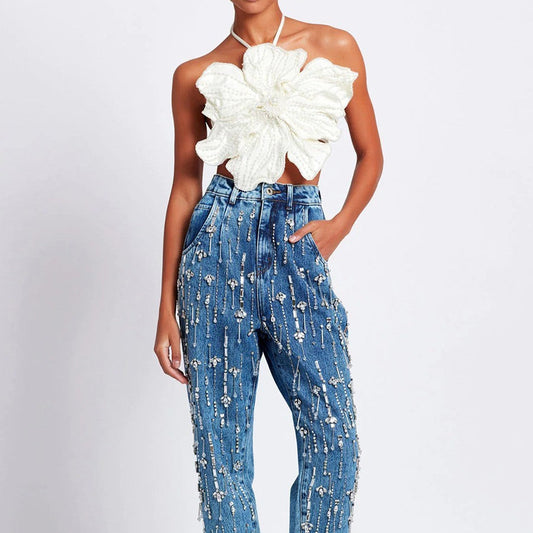 Savana - Top floral de cuello haltern con perlas