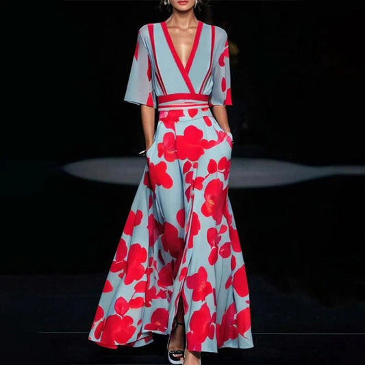 Sabrina - Abito lungo floreale con scollo a V e maniche larghe