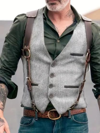 Lorenzo | Gilet in Tweed con Bretelle in Pelle Stile Vintage