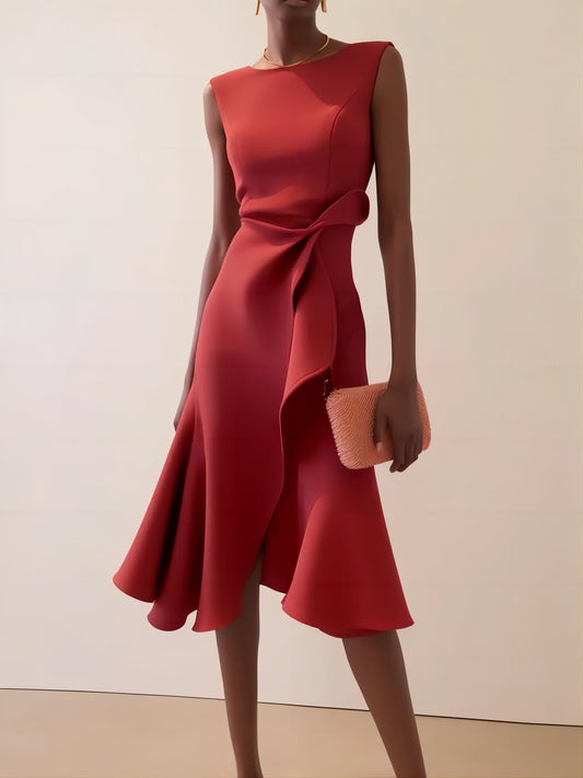 Alicia - Vestido midi rojo sin mangas con volantes