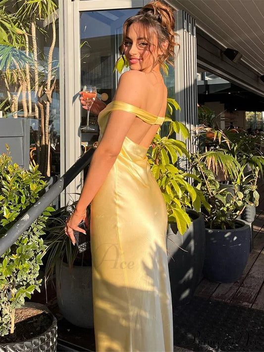Solivana™ | Satin Off-Shoulder Open Back Gown