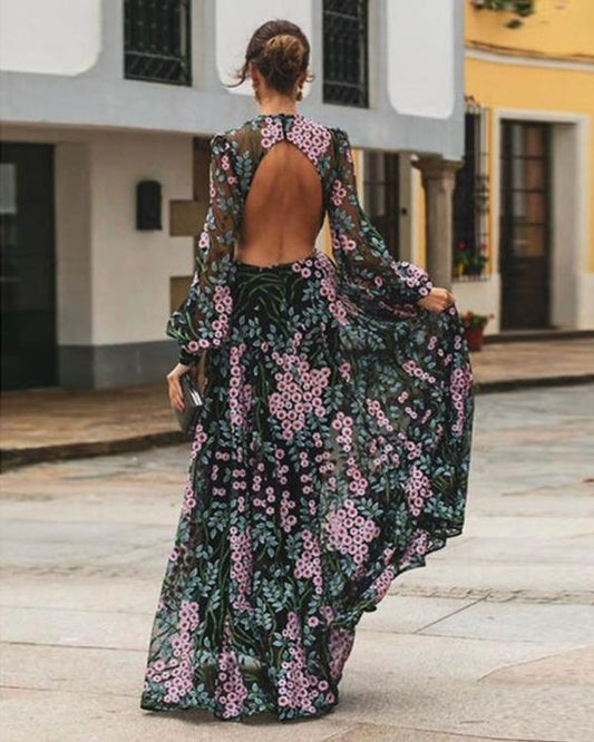 Florencia - Abito lungo a fiori con schiena scoperta