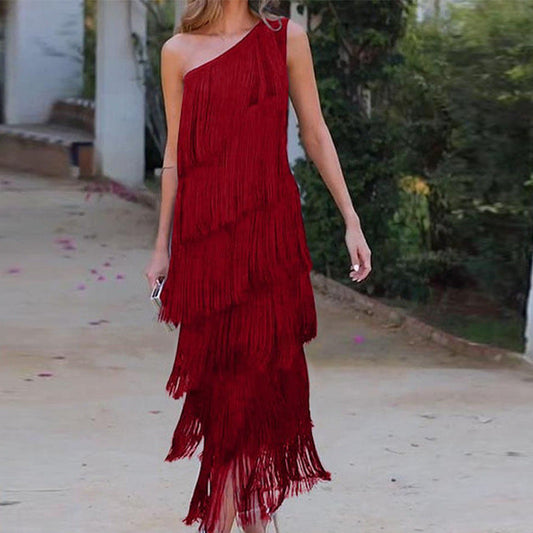 Valeria stido midi with one shoulder and fringes